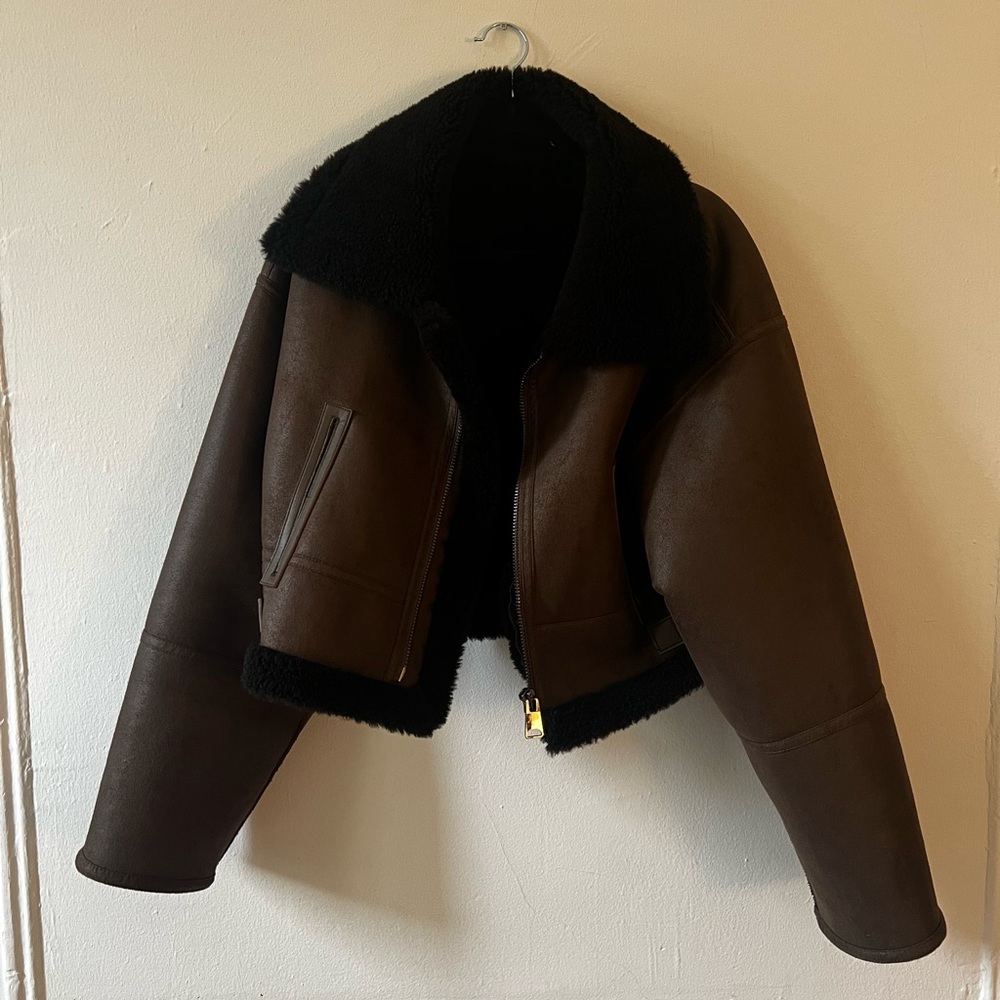 Mango Cropped Jacket with Fleece Lining and Collar